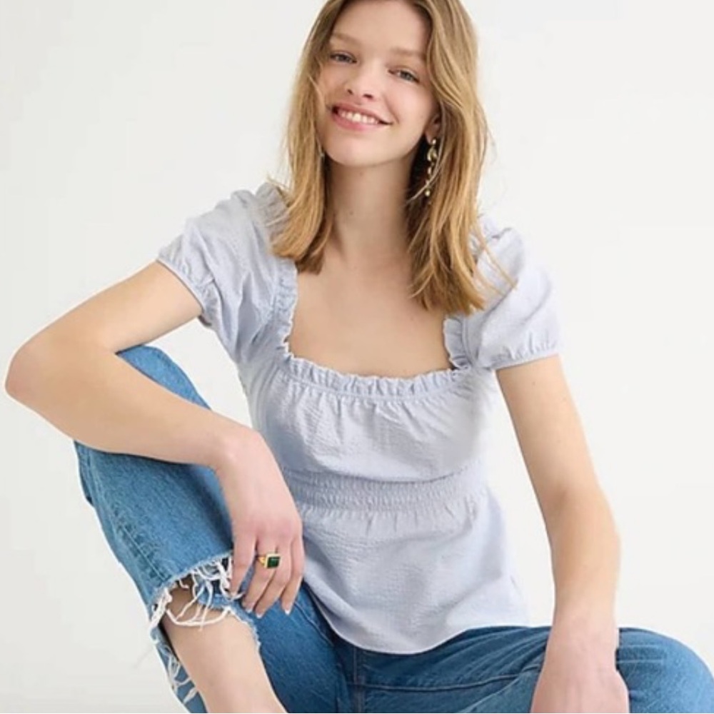 J.Crew Baby Blue Seersucker Smocked Top